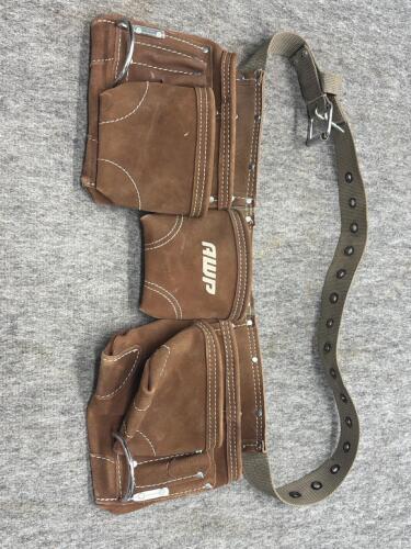 AWP Leather Tool Belt, 10 Pockets, Brown, Adjustable Nylon Web Belt, Metal Hammer Loops