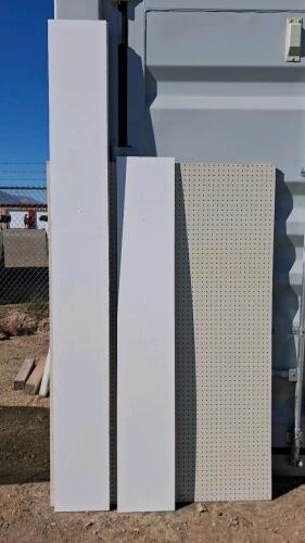 (3)White Laminated Shelving Boards (2) 92"x11" (1) 72"x11" & (5)Pegboard Panel 71&frac34;"x46 3/4"