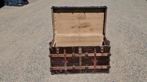 Antique Flat-Top Steamer Trunk, Wood & Metal, Leather Straps, 38"x22"x24", Circa 1880-1920 - 4