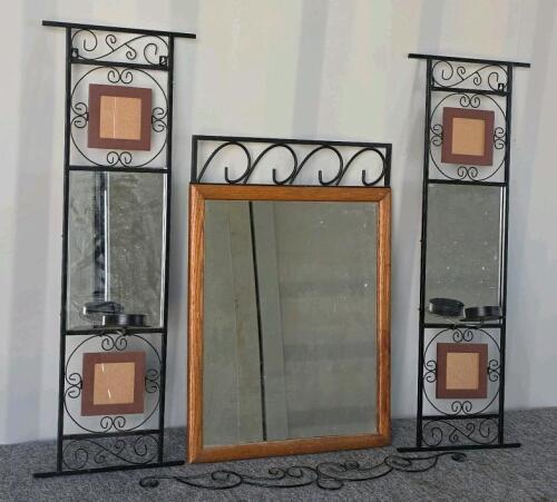 Decorative Wall Mirror Set with Wrought Iron Scrollwork, Candle Holders, Wood Frame, Picture Frame Insets