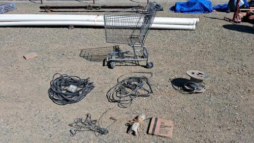 Lot of Electrical Cables & BAND-IT 201 Stainless Steel Banding, 12/2 AWG 600V, Quad Outlet Extension, Submersible Pump Cable, Bag of Log Staples, Shopping Cart