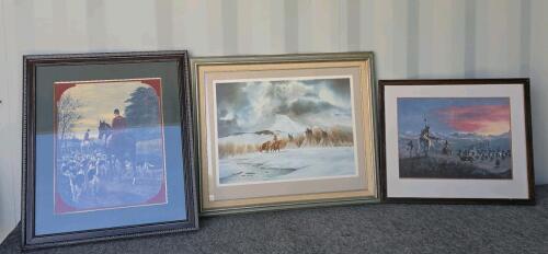 Set of 3 Framed Art Prints: Fox Hunting, Native American Winter Camp, Western Sunset Scenes