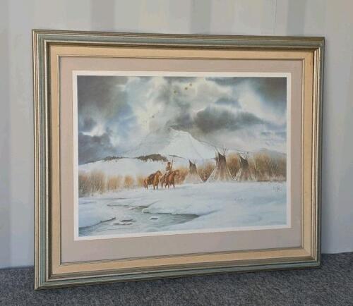 Set of 3 Framed Art Prints: Fox Hunting, Native American Winter Camp, Western Sunset Scenes - 2