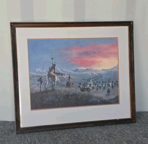 Set of 3 Framed Art Prints: Fox Hunting, Native American Winter Camp, Western Sunset Scenes - 3