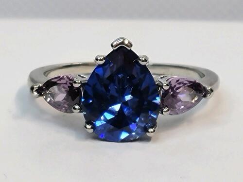 Blue Sapphire & Amethyst Teardrop Cut Ring, Size 7