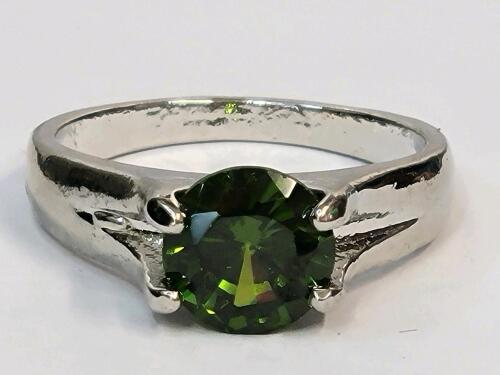 Green Peridot Faceted Round Cut Ring, Size 8