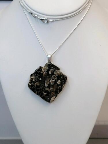 97.50ct Natural Turritella Agate Slab w/ Embedded Fossilized Snails on 24" Necklace