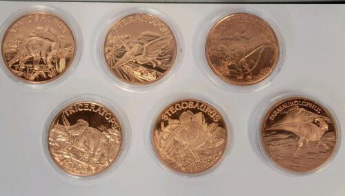 (6) Different 1oz. Copper Dinosaur Rounds