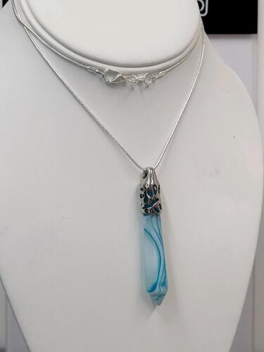 Aquamarine Stripe Agate Gemstone Hexagonal Cut 24" Necklace - 2