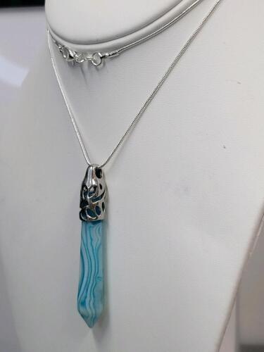 Aquamarine Stripe Agate Gemstone Hexagonal Cut 24" Necklace - 3