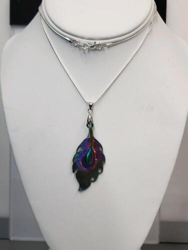 Rainbow Plated Tibetan Silver Feather Pendant 24" Necklace