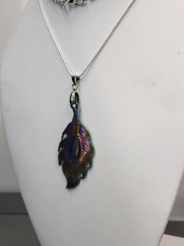 Rainbow Plated Tibetan Silver Feather Pendant 24" Necklace - 3