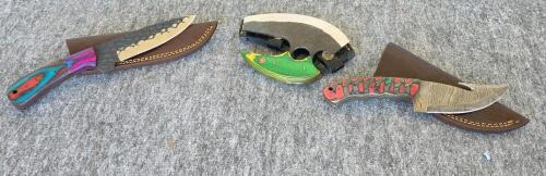 Custom Damascus Steel Hunting and Ulu Knives with Leather Sheaths