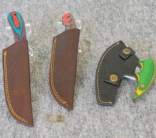 Custom Damascus Steel Hunting and Ulu Knives with Leather Sheaths - 2