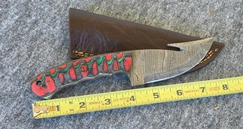 Custom Damascus Steel Hunting and Ulu Knives with Leather Sheaths - 10