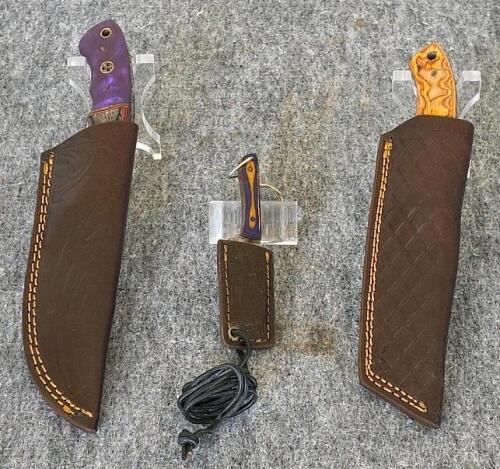 Custom Handcrafted Fixed-Blade Knife Set &ndash; Damascus Pattern, Resin Handles, Leather Sheaths, Keychain Mini - 2