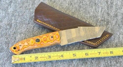 Custom Handcrafted Fixed-Blade Knife Set &ndash; Damascus Pattern, Resin Handles, Leather Sheaths, Keychain Mini - 10