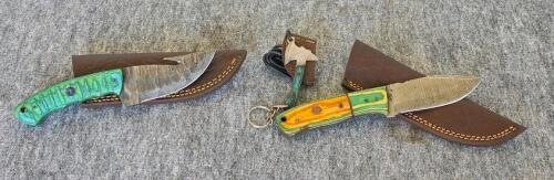 Custom Fixed Blade Knives Set with Dyed Wood Handles, Leather Sheaths & Mini Axe Keychain