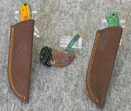 Custom Fixed Blade Knives Set with Dyed Wood Handles, Leather Sheaths & Mini Axe Keychain - 2