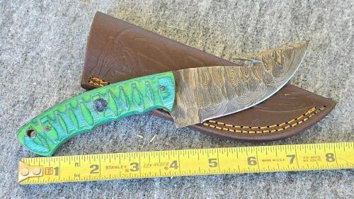 Custom Fixed Blade Knives Set with Dyed Wood Handles, Leather Sheaths & Mini Axe Keychain - 9
