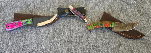 Custom Damascus Steel Hunting & Folding Knives Set, Color Wood Handles, Tooled Leather Sheaths