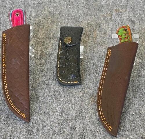 Custom Damascus Steel Hunting & Folding Knives Set, Color Wood Handles, Tooled Leather Sheaths - 2