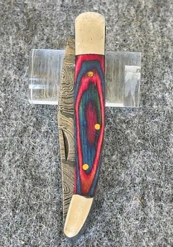 Custom Damascus Steel Hunting & Folding Knives Set, Color Wood Handles, Tooled Leather Sheaths - 4