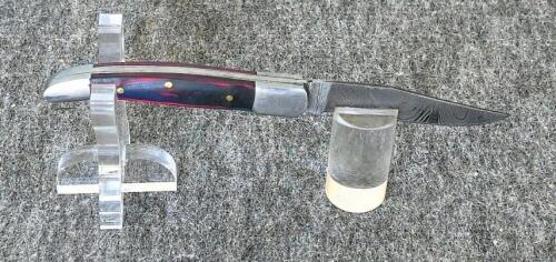 Custom Damascus Steel Hunting & Folding Knives Set, Color Wood Handles, Tooled Leather Sheaths - 5