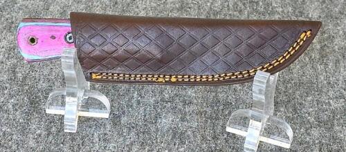 Custom Damascus Steel Hunting & Folding Knives Set, Color Wood Handles, Tooled Leather Sheaths - 6