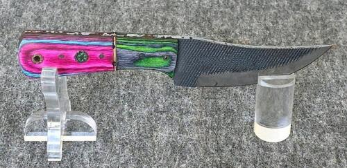 Custom Damascus Steel Hunting & Folding Knives Set, Color Wood Handles, Tooled Leather Sheaths - 7