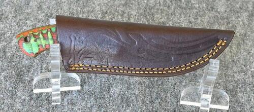 Custom Damascus Steel Hunting & Folding Knives Set, Color Wood Handles, Tooled Leather Sheaths - 8