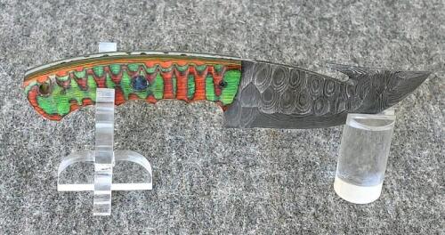 Custom Damascus Steel Hunting & Folding Knives Set, Color Wood Handles, Tooled Leather Sheaths - 9