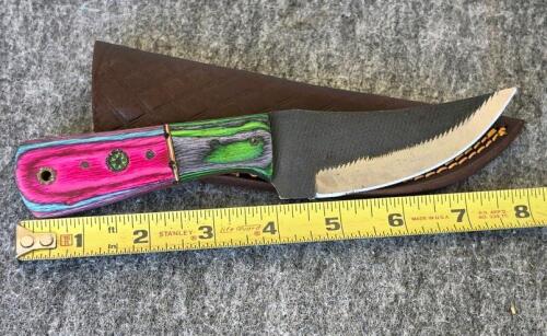 Custom Damascus Steel Hunting & Folding Knives Set, Color Wood Handles, Tooled Leather Sheaths - 10