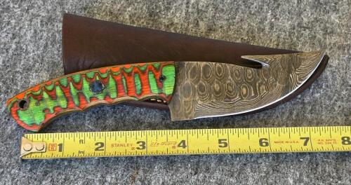 Custom Damascus Steel Hunting & Folding Knives Set, Color Wood Handles, Tooled Leather Sheaths - 11
