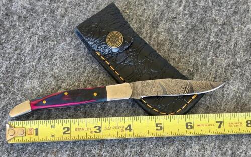 Custom Damascus Steel Hunting & Folding Knives Set, Color Wood Handles, Tooled Leather Sheaths - 12