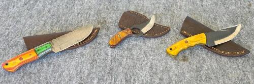 Custom Damascus Fixed Blade Knife 9" Multicolor Handle with Tooled Leather Sheath