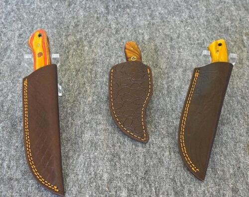Custom Damascus Fixed Blade Knife 9" Multicolor Handle with Tooled Leather Sheath - 2
