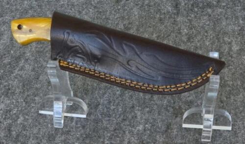 Custom Damascus Fixed Blade Knife 9" Multicolor Handle with Tooled Leather Sheath - 5