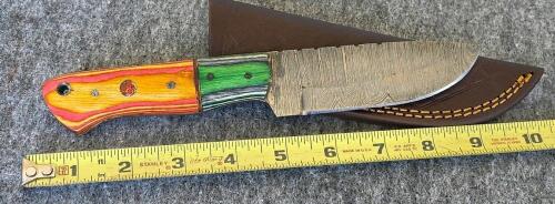 Custom Damascus Fixed Blade Knife 9" Multicolor Handle with Tooled Leather Sheath - 9