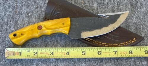 Custom Damascus Fixed Blade Knife 9" Multicolor Handle with Tooled Leather Sheath - 10