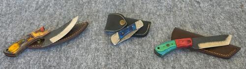 Custom Fixed and Folding Knives with Sheaths &ndash; Damascus Steel, Unique Handles, Excellent Condition