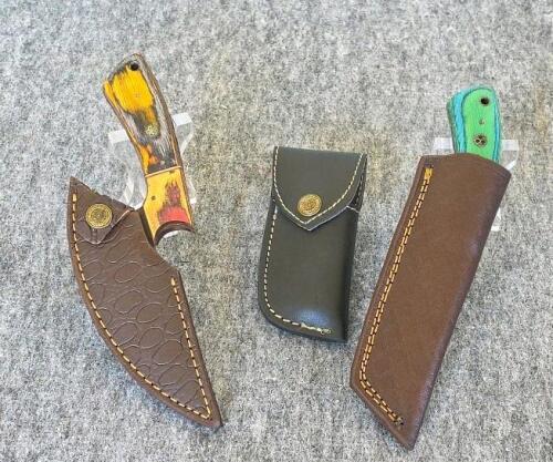 Custom Fixed and Folding Knives with Sheaths &ndash; Damascus Steel, Unique Handles, Excellent Condition - 2