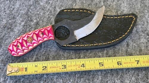 Custom Handmade Damascus Folding and Fixed Blade Knives with Leather Sheaths - 12