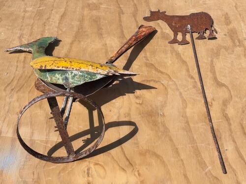 Handcrafted Metal Bird Garden Sculpture & Cow Yard Stake Outdoor Art