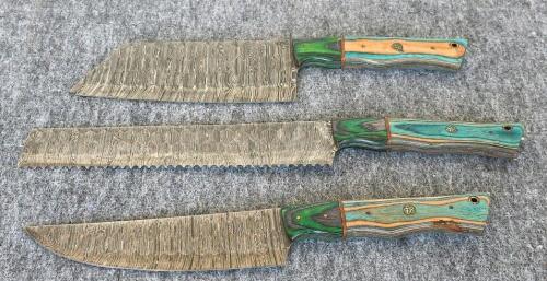 Custom Damascus Kitchen Knife Set &ndash; Cleaver, Bread Knife, Chef's Knife with Multicolor Wood Handles