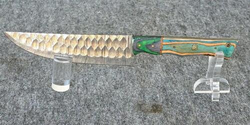 Custom Damascus Kitchen Knife Set &ndash; Cleaver, Bread Knife, Chef's Knife with Multicolor Wood Handles - 4