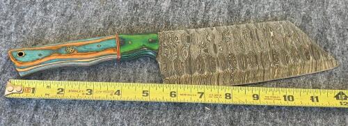 Custom Damascus Kitchen Knife Set &ndash; Cleaver, Bread Knife, Chef's Knife with Multicolor Wood Handles - 7