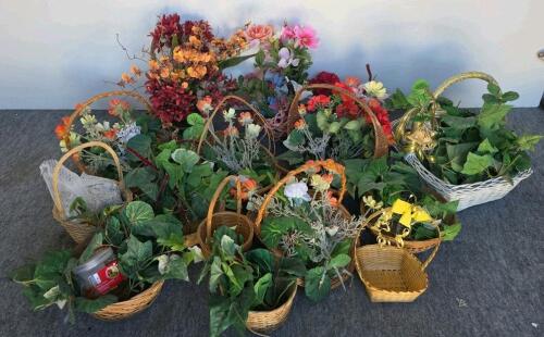 Assorted Lot of 12 Artificial Flower Arrangements in Wicker Baskets &ndash; Mixed Colors & Odor Gel