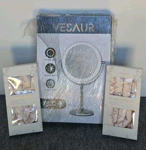 VESAUR Lighted Makeup Mirror 8" LED 3-Color Dimmable + 2 YANIBEST Heatless Curling Rod Sets