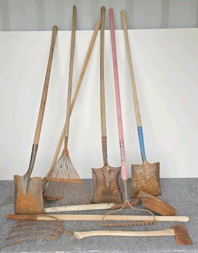 8-Piece Assorted Garden Tools Set &ndash; 3 Shovels, Rakes, Hoe, Pitchfork, Axe, Wood Handles, Heavy Duty
